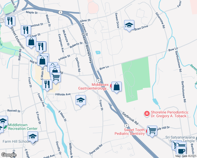 map of restaurants, bars, coffee shops, grocery stores, and more near Chester Bowles Highway in Middletown