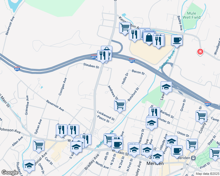 map of restaurants, bars, coffee shops, grocery stores, and more near 157 Andrews Street in Meriden