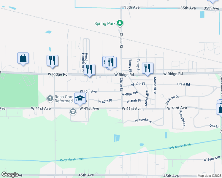 map of restaurants, bars, coffee shops, grocery stores, and more near 3216 West 40th Avenue in Gary