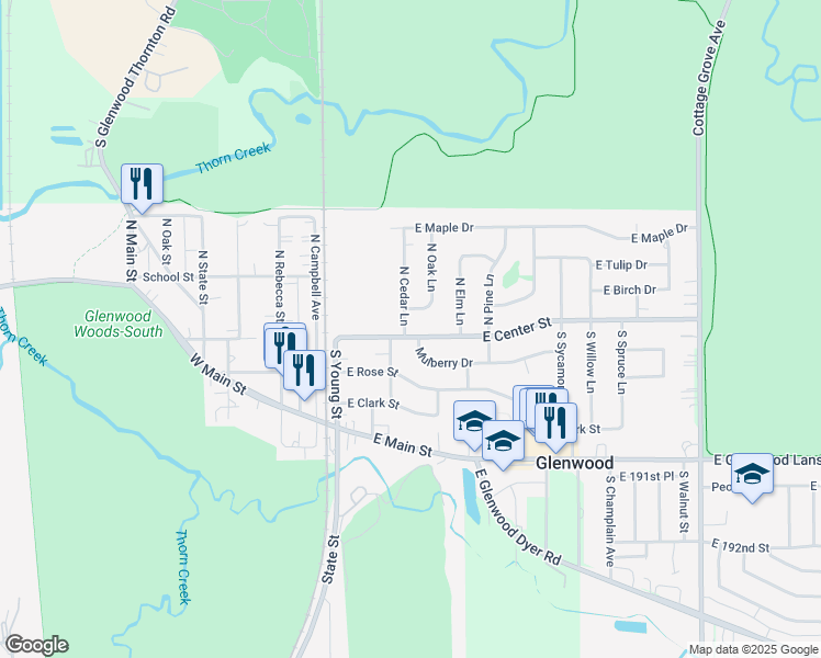 map of restaurants, bars, coffee shops, grocery stores, and more near 5 North Cedar Lane in Glenwood
