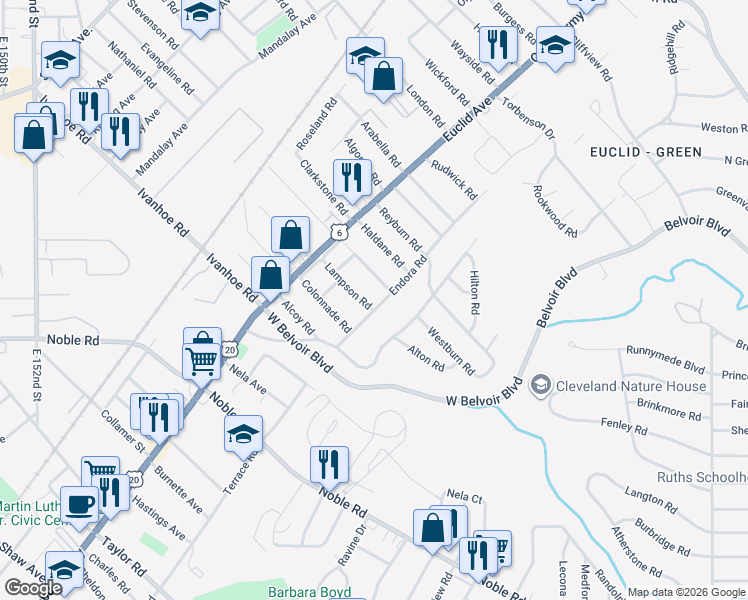 map of restaurants, bars, coffee shops, grocery stores, and more near 1870 Mannering Road in Cleveland