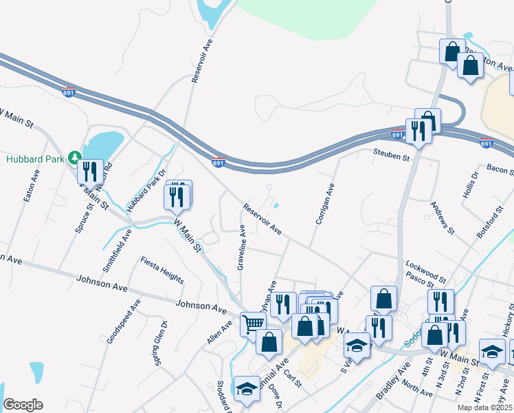 map of restaurants, bars, coffee shops, grocery stores, and more near 281 Reservoir Avenue in Meriden