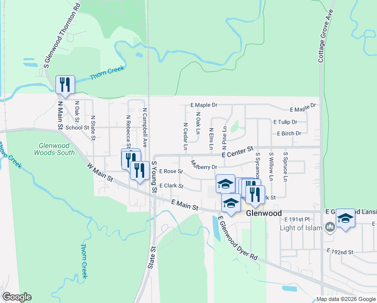 map of restaurants, bars, coffee shops, grocery stores, and more near 5 North Cedar Lane in Glenwood