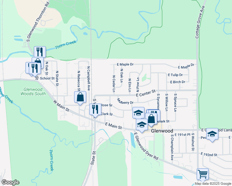 map of restaurants, bars, coffee shops, grocery stores, and more near 5 North Cedar Lane in Glenwood