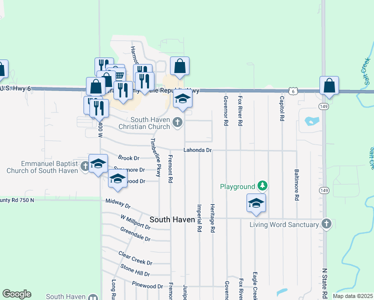 map of restaurants, bars, coffee shops, grocery stores, and more near 361 Lahonda Drive in Valparaiso