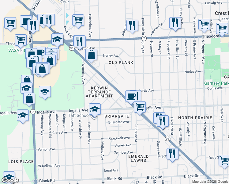 map of restaurants, bars, coffee shops, grocery stores, and more near 1312 Plainfield Road in Joliet