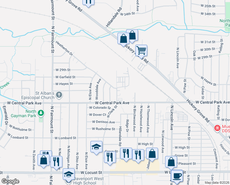 map of restaurants, bars, coffee shops, grocery stores, and more near 3206 Heatherton Drive in Davenport