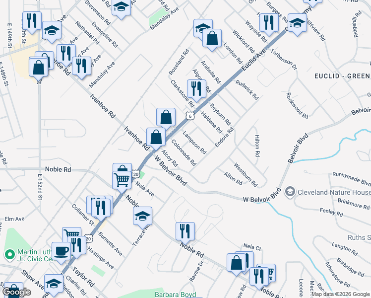 map of restaurants, bars, coffee shops, grocery stores, and more near 1840 Lampson Road in Cleveland