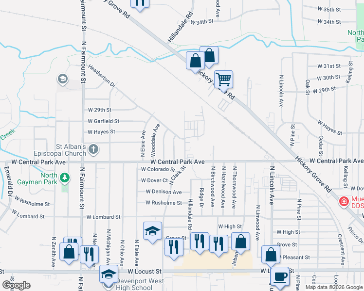 map of restaurants, bars, coffee shops, grocery stores, and more near 2636 North Clark Street in Davenport