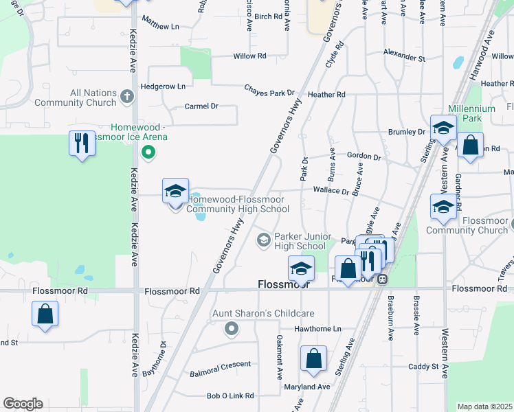 map of restaurants, bars, coffee shops, grocery stores, and more near 848 Braemar Road in Flossmoor