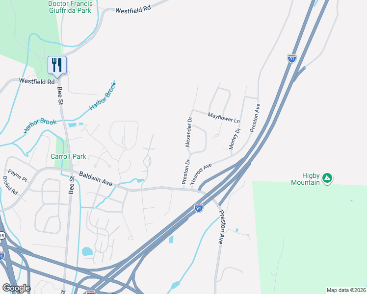 map of restaurants, bars, coffee shops, grocery stores, and more near 29 Alexander Drive in Meriden