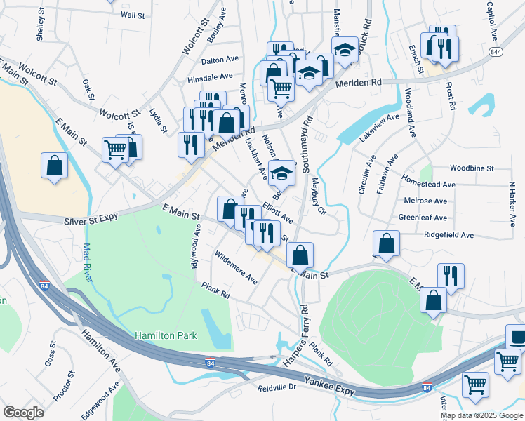 map of restaurants, bars, coffee shops, grocery stores, and more near 95 Beecher Avenue in Waterbury