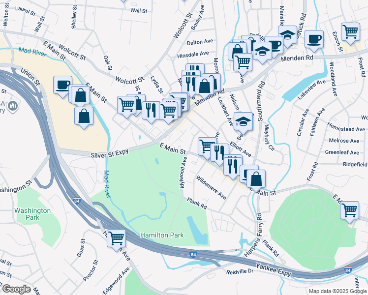 map of restaurants, bars, coffee shops, grocery stores, and more near 56 Malone Street in Waterbury