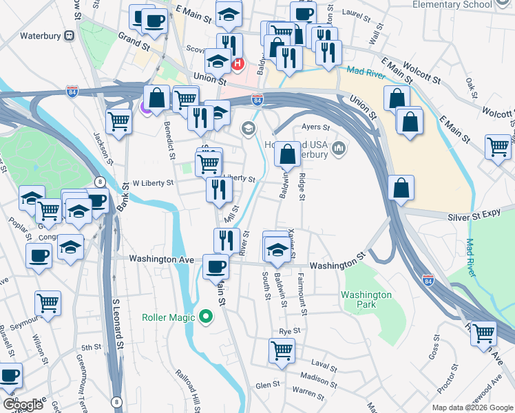 map of restaurants, bars, coffee shops, grocery stores, and more near 199 River Street in Waterbury