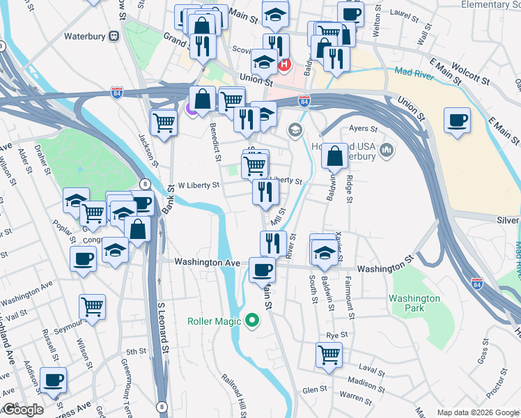 map of restaurants, bars, coffee shops, grocery stores, and more near 649 South Main Street in Waterbury