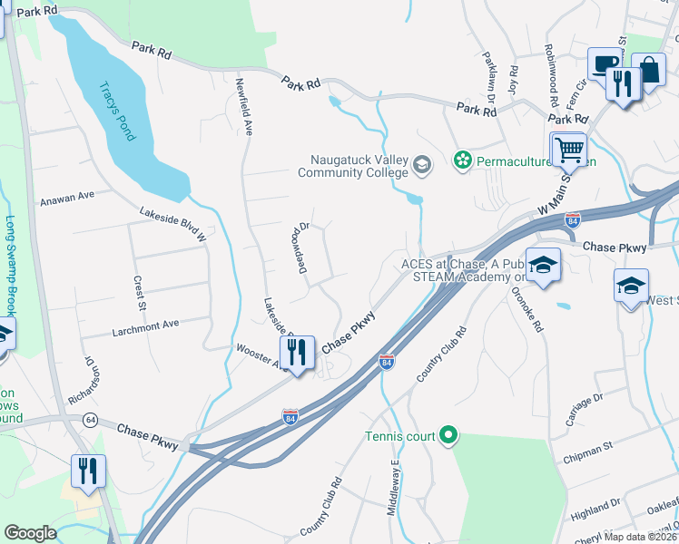 map of restaurants, bars, coffee shops, grocery stores, and more near 24 Northwood Drive in Waterbury