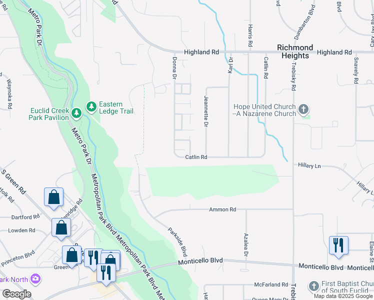 map of restaurants, bars, coffee shops, grocery stores, and more near 597 Dade Lane in Richmond Heights