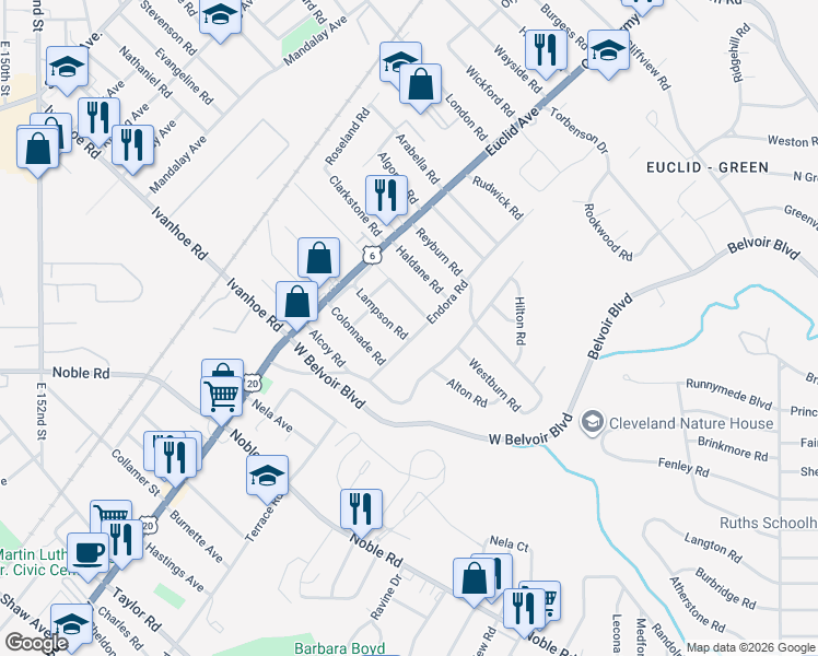 map of restaurants, bars, coffee shops, grocery stores, and more near 1870 Mannering Road in Cleveland