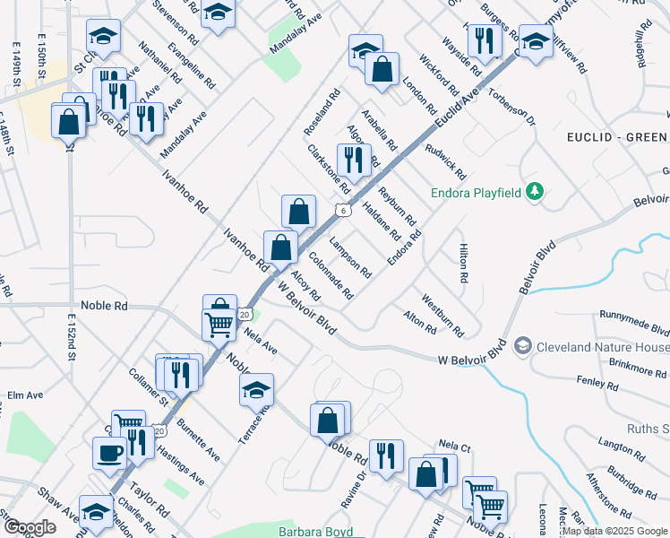 map of restaurants, bars, coffee shops, grocery stores, and more near 16625 Quentin Road in Cleveland
