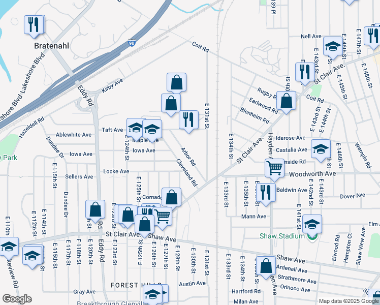 map of restaurants, bars, coffee shops, grocery stores, and more near 393 Arbor Road in Cleveland