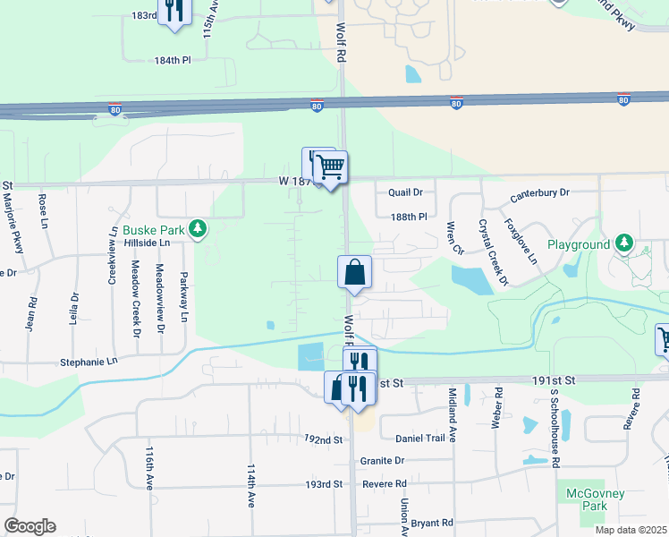 map of restaurants, bars, coffee shops, grocery stores, and more near 18850 Wolf Road in Mokena