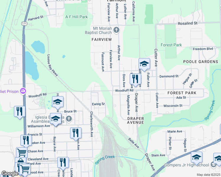 map of restaurants, bars, coffee shops, grocery stores, and more near 1211 Fairview Avenue in Joliet