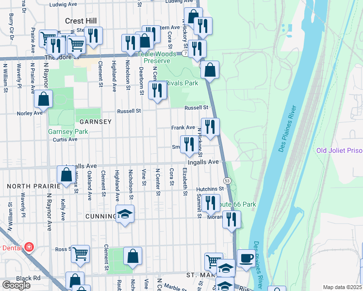 map of restaurants, bars, coffee shops, grocery stores, and more near 1258 Cora Street in Joliet