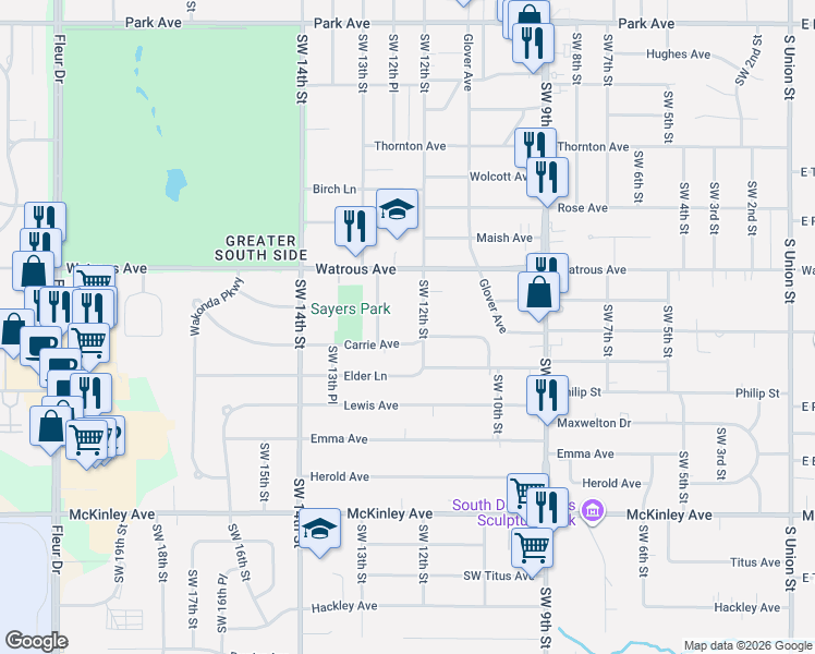 map of restaurants, bars, coffee shops, grocery stores, and more near 4016 Southwest 12th Street in Des Moines
