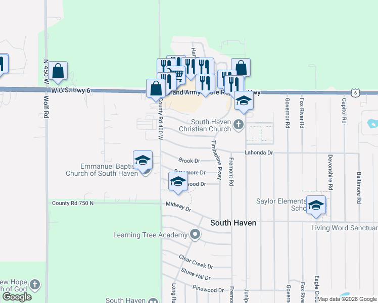 map of restaurants, bars, coffee shops, grocery stores, and more near 387 Lahonda Drive in Valparaiso