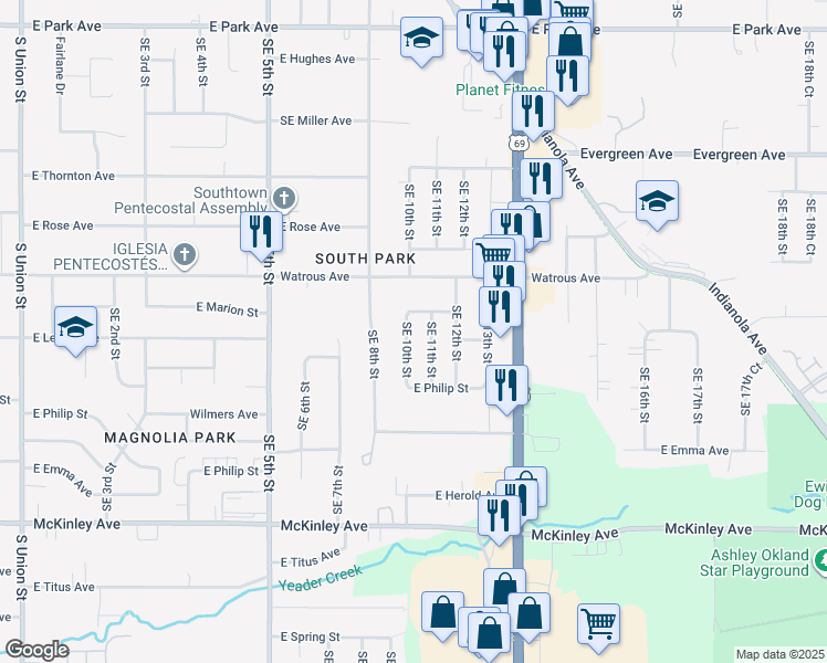 map of restaurants, bars, coffee shops, grocery stores, and more near 4102 Southeast 10th Street in Des Moines