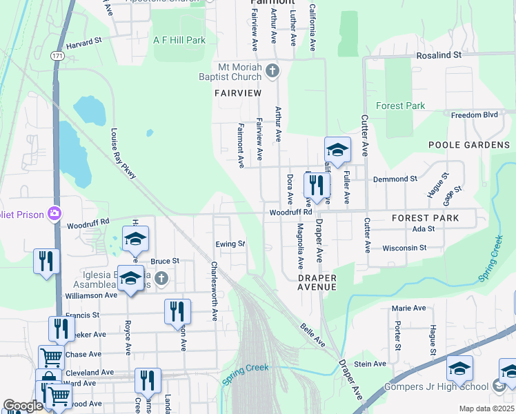 map of restaurants, bars, coffee shops, grocery stores, and more near 1211 Fairview Avenue in Joliet