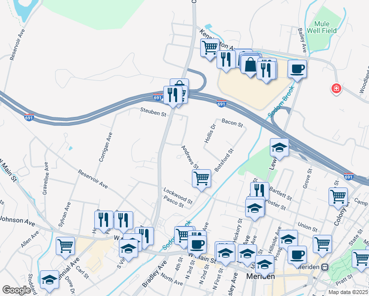 map of restaurants, bars, coffee shops, grocery stores, and more near 161 Andrews Street in Meriden