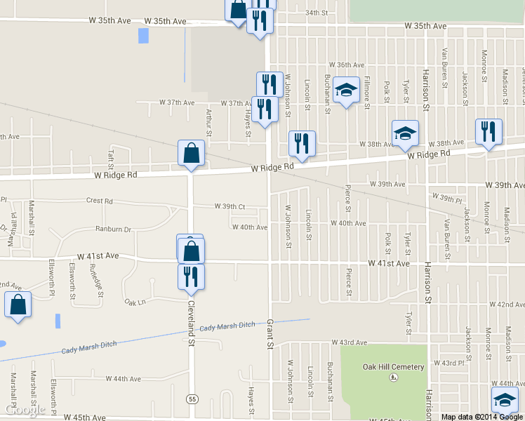 map of restaurants, bars, coffee shops, grocery stores, and more near 3976 Grant Street in Gary