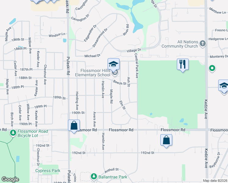 map of restaurants, bars, coffee shops, grocery stores, and more near 806 Elm Street in Flossmoor