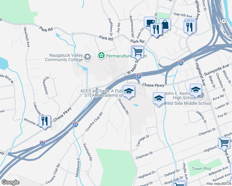 map of restaurants, bars, coffee shops, grocery stores, and more near 63 Country Club Road in Waterbury