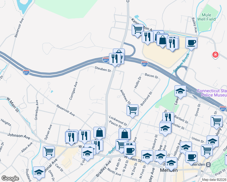 map of restaurants, bars, coffee shops, grocery stores, and more near 186 Andrews Street in Meriden