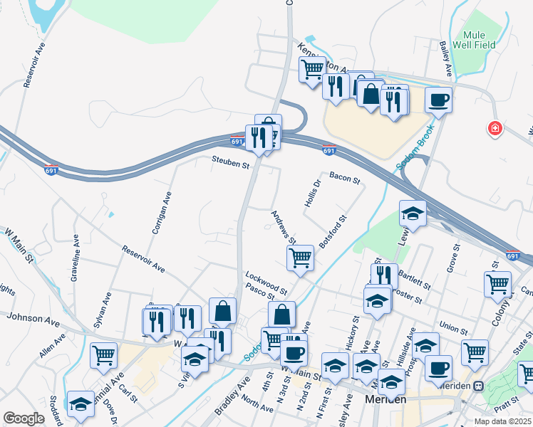 map of restaurants, bars, coffee shops, grocery stores, and more near 178 Andrews Street in Meriden