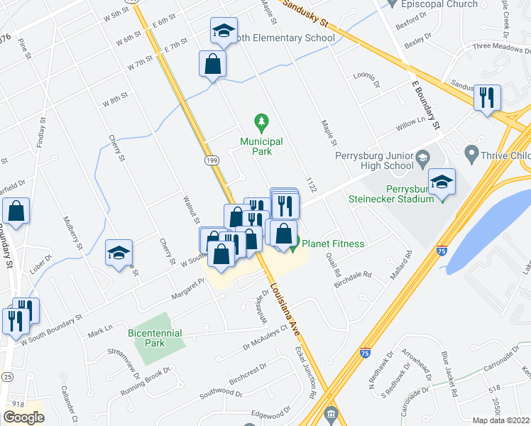 map of restaurants, bars, coffee shops, grocery stores, and more near 1085 Birch Drive in Perrysburg