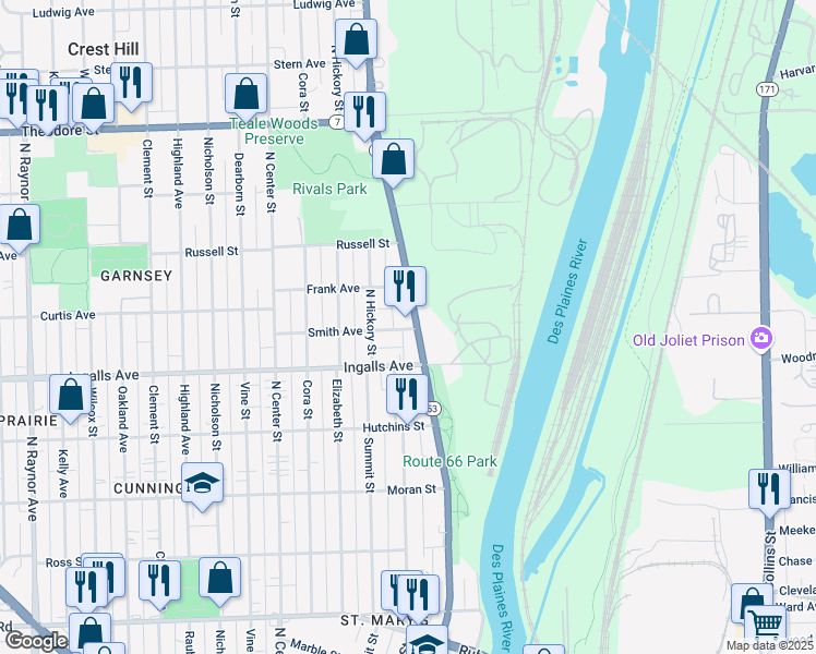 map of restaurants, bars, coffee shops, grocery stores, and more near 209 Smith Avenue in Joliet