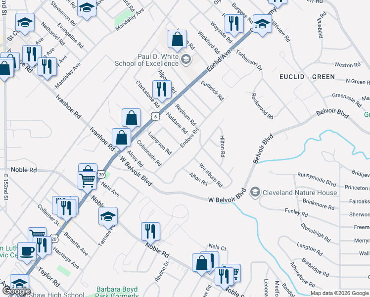 map of restaurants, bars, coffee shops, grocery stores, and more near 16916 Endora Road in Cleveland
