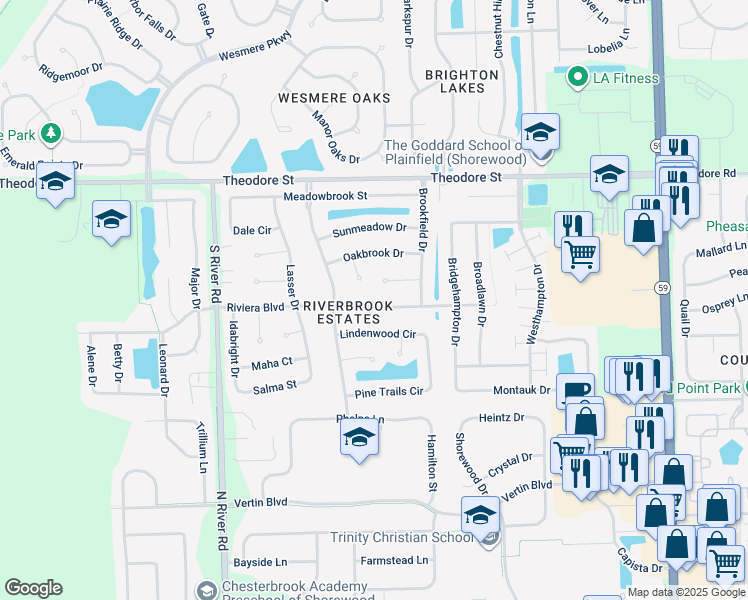 map of restaurants, bars, coffee shops, grocery stores, and more near 5305 Riviera Boulevard in Plainfield