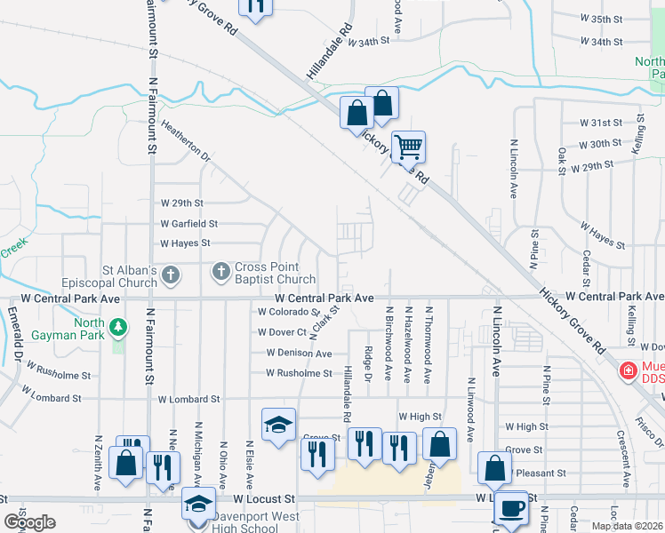 map of restaurants, bars, coffee shops, grocery stores, and more near 2638 North Clark Street in Davenport
