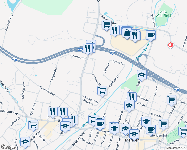 map of restaurants, bars, coffee shops, grocery stores, and more near 163 Andrews Street in Meriden