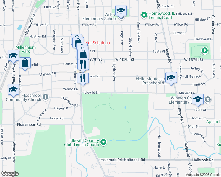 map of restaurants, bars, coffee shops, grocery stores, and more near 18815 Highland Avenue in Homewood