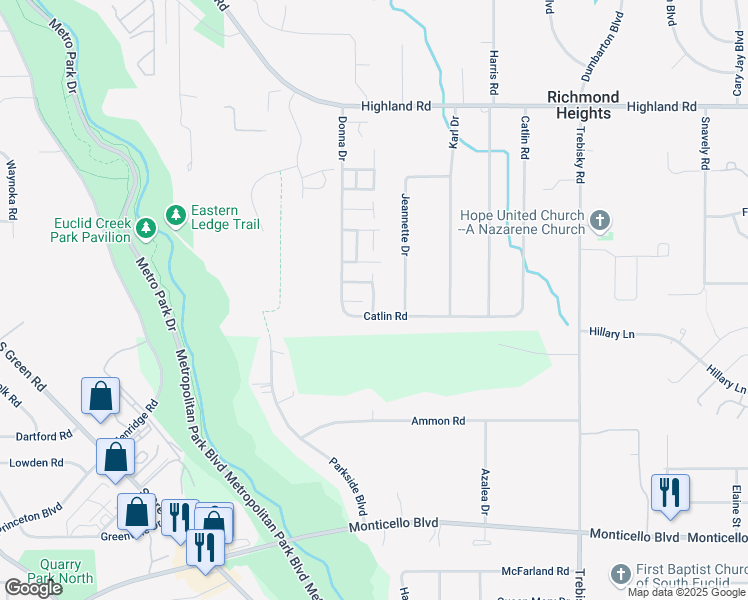 map of restaurants, bars, coffee shops, grocery stores, and more near 597 Dade Lane in Richmond Heights