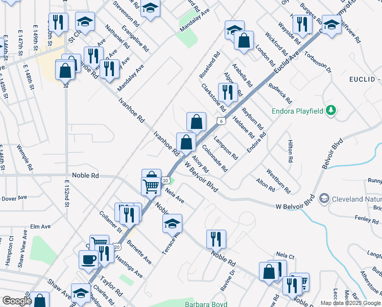 map of restaurants, bars, coffee shops, grocery stores, and more near Alcoy Road in Cleveland