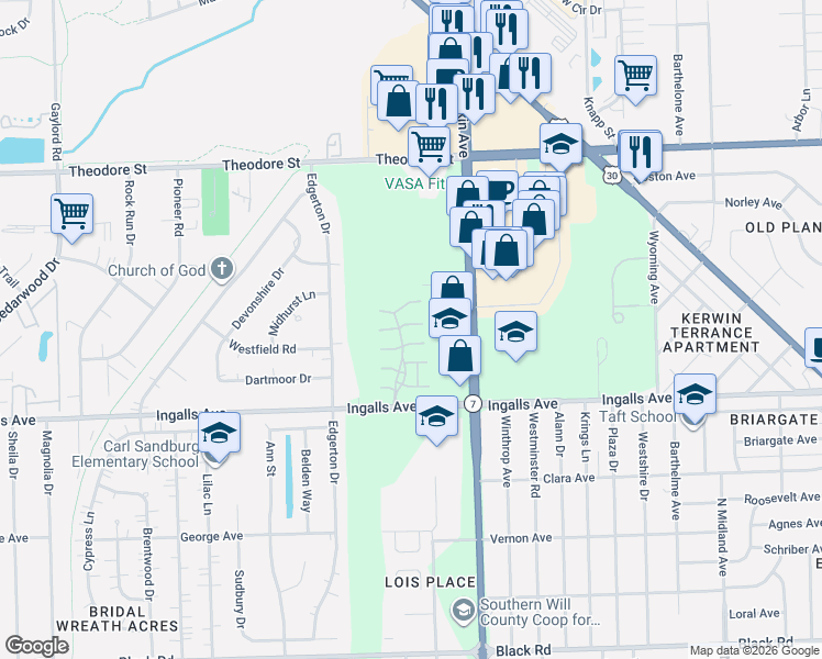 map of restaurants, bars, coffee shops, grocery stores, and more near 1846 Mappold Way in Joliet
