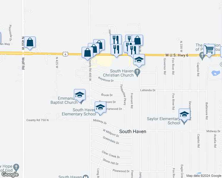 map of restaurants, bars, coffee shops, grocery stores, and more near 380 Lahonda Drive in Valparaiso