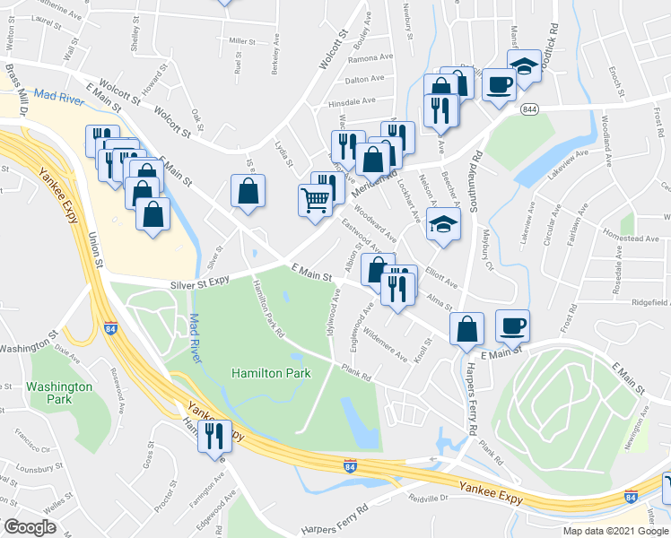 map of restaurants, bars, coffee shops, grocery stores, and more near 1615 East Main Street in Waterbury