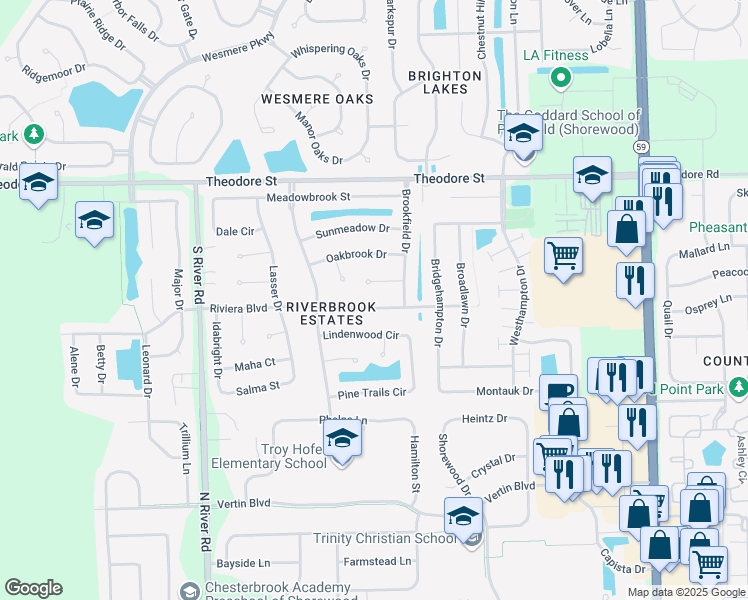 map of restaurants, bars, coffee shops, grocery stores, and more near 5215 Riviera Boulevard in Plainfield